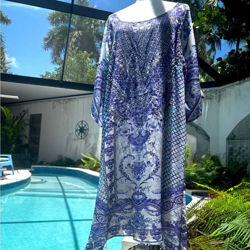 NWT INOA Silk Blue & White Embellished Swim Cover-Up